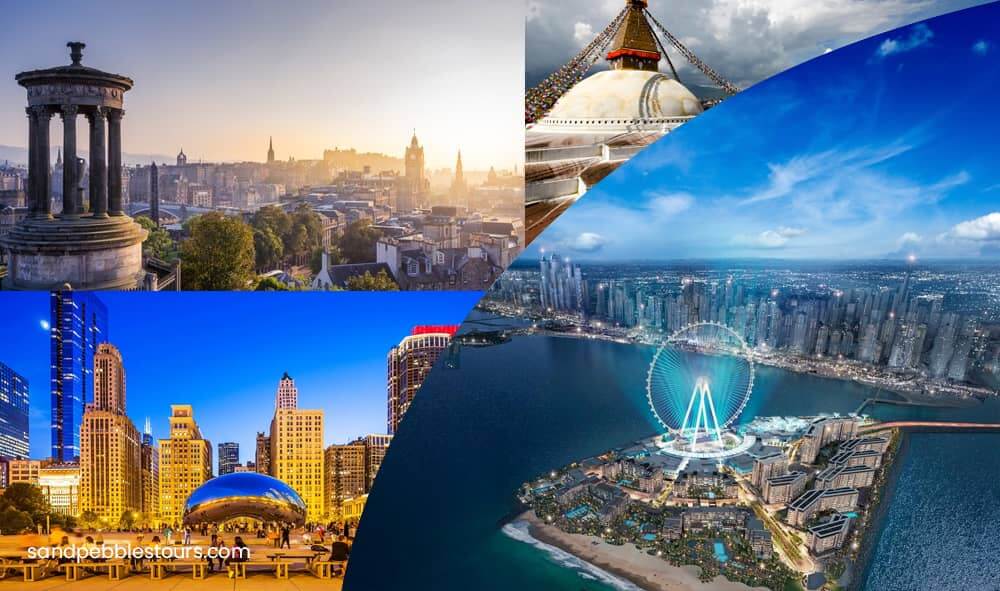 “International tour and travel services with global landmarks and holiday destinations”